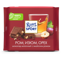 Шоколад Ritter Sport 100г с орехом, изюмом и ромом, молочный