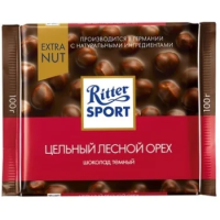 Шоколад Ritter Sport 100г с цельным лесным орехом, темный